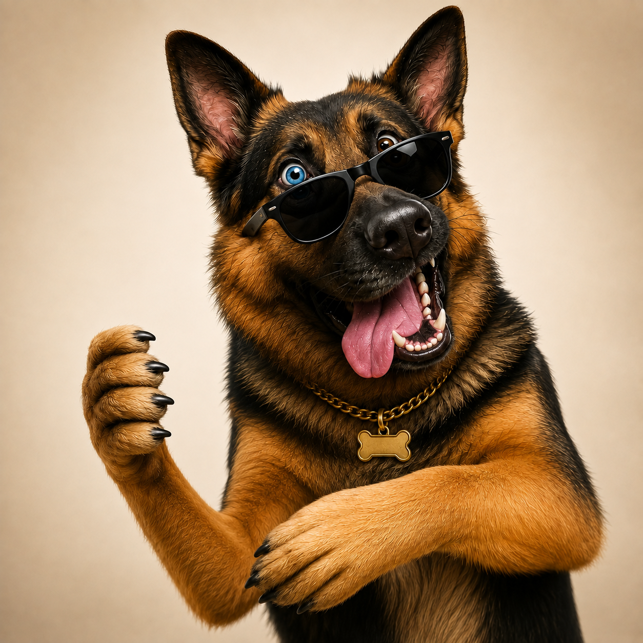 Zayko, le berger allemand mascotte du token $ZAYKO, lunettes de soleil et chaîne dorée
